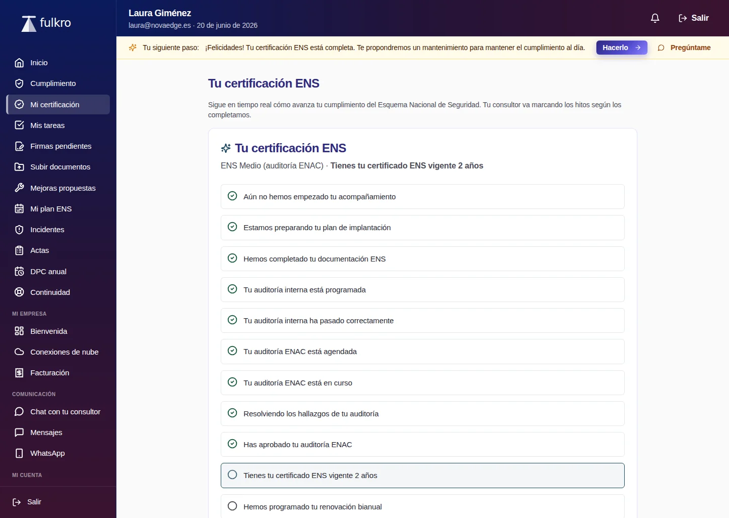 Portal del cliente de Fulkro: línea de tiempo de la certificación ENS con la auditoría ENAC superada