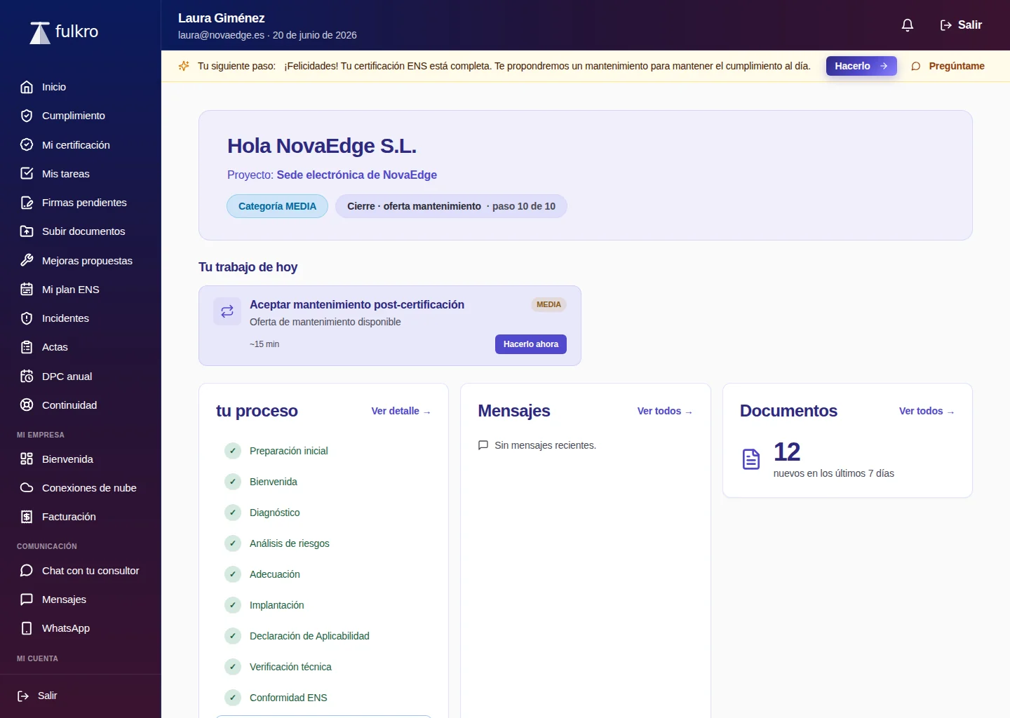 Portal del cliente de Fulkro: pantalla de inicio con la certificación ENS completa y el avance del proyecto